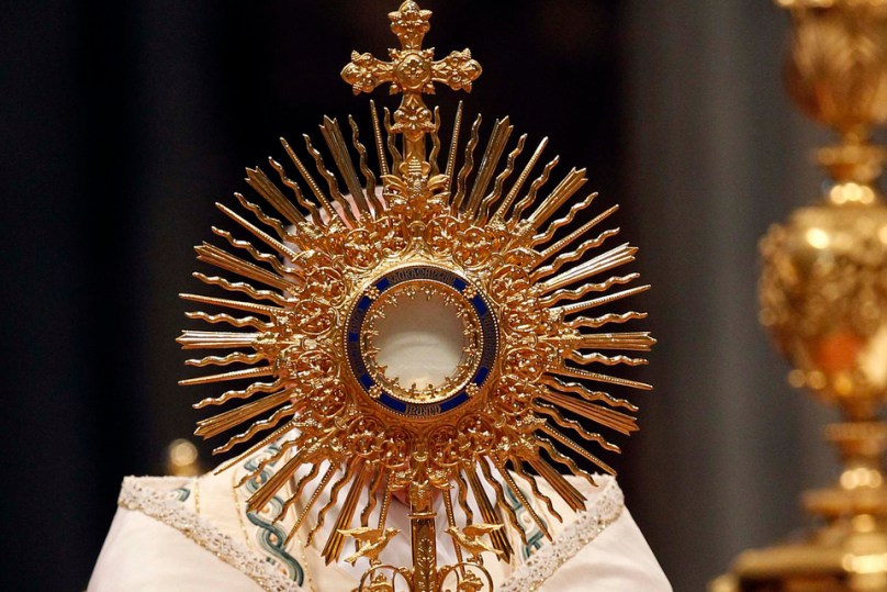 Pope Francis attends the worldwide hour of Eucharistic adoration in St. Peter's Basilica at the Vatican